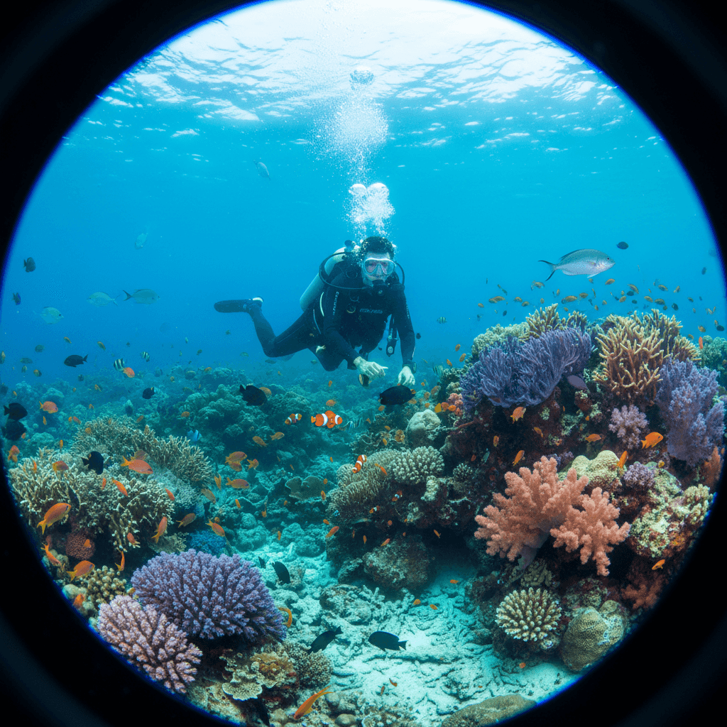 Scuba diver exploring vibrant coral reef with tropical fish in crystal clear water