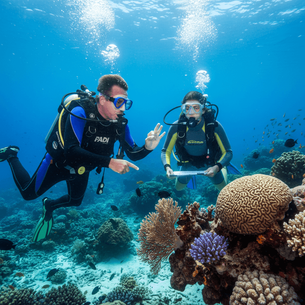 Scuba diving instructor teaching student underwater with SSI certification program